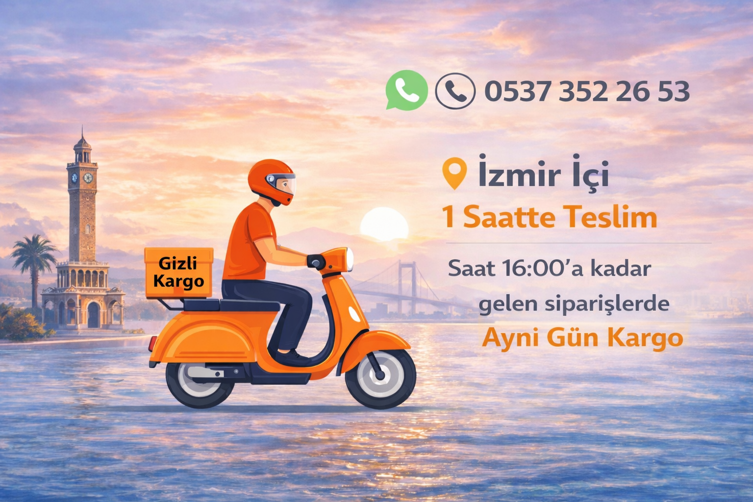 İzmir içi 1 saatte teslim ve saat 16:00’a kadar gelen siparişlerde aynı gün kargo hizmetini gösteren kurye görseli