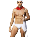 Beyaz önlük, bandana ve slip külot ile erkek aşçı kostümü giyen model