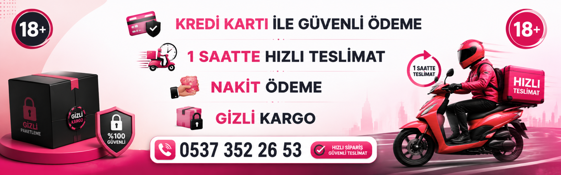 Joker Shop için hazırlanmış modern ana banner görseli. Banner içerisinde pembe tonlarda tasarlanmış moto kurye teslimat görseli, gizli paketleme kutusu, güvenli ödeme ikonları ve “1 Saatte Hızlı Teslimat”, “Nakit Ödeme”, “Gizli Kargo” bilgileri yer almaktadır. Görsel modern e-ticaret ve hızlı teslimat temasını yansıtmaktadır.