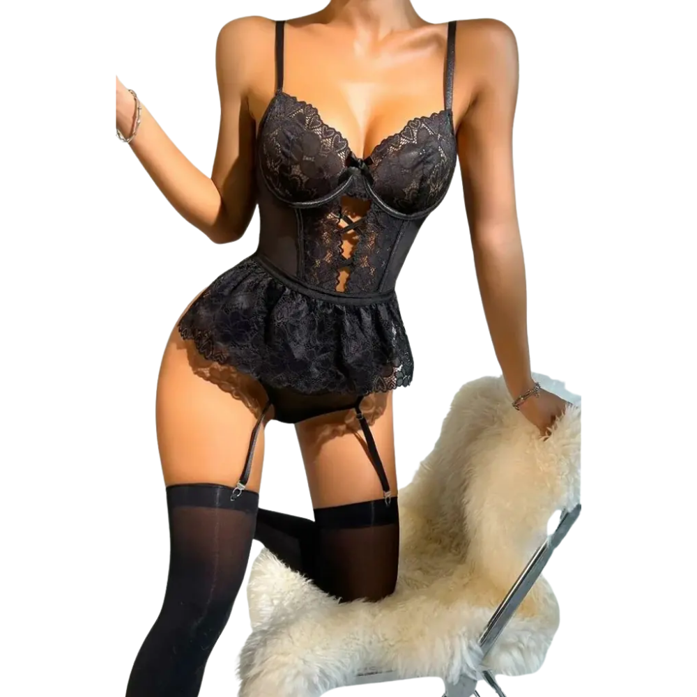 Dantel babydoll korse takımı jartiyerli siyah fantazi iç giyim