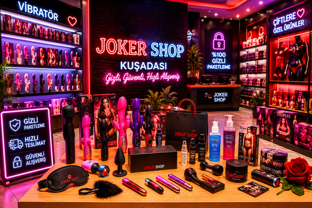 Kuşadası erotik shop mağaza iç görünümü, modern ürün sergileme alanları ve gizli alışveriş konsepti