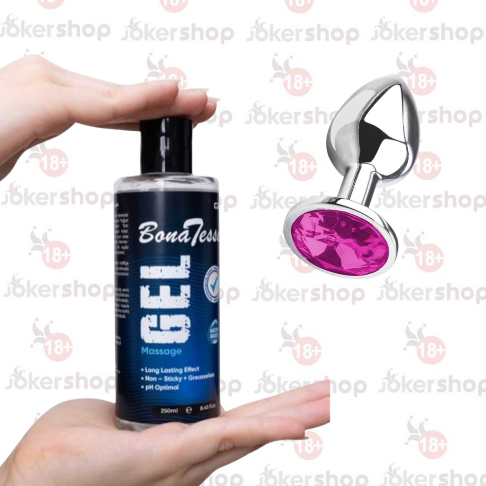 Pembe taşlı metal anal plug ve 250 ml su bazlı kayganlaştırıcı jel seti